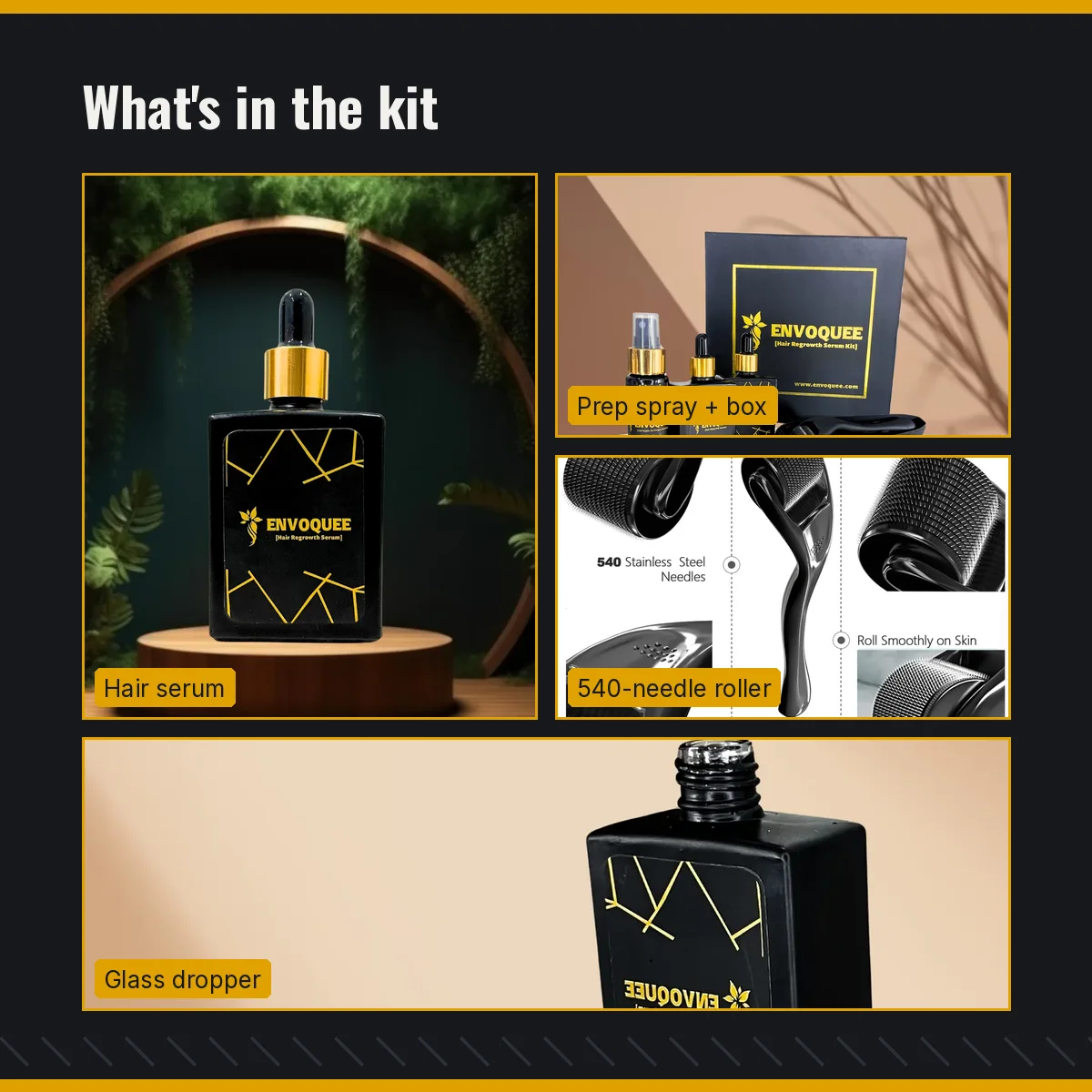 What's in the kit: hair serum dropper bottle, prep spray with gift box, 540-needle derma roller and glass dropper