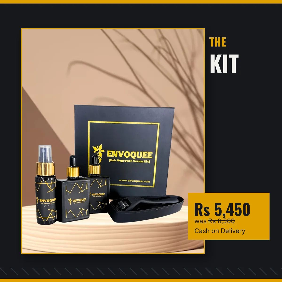 Hair Regrowth Serum Kit with hair serum, Anti Septic prep spray and 540-needle derma roller, shown in its black-and-gold gift box. Rs 5,450 (was Rs 8,500), cash on delivery in Pakistan