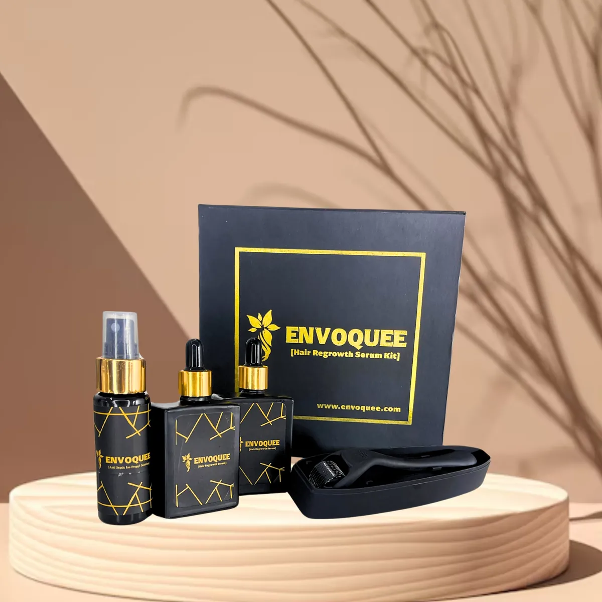 Hair Regrowth Serum Kit: black and gold gift box with serum dropper bottles, Anti Septic prep spray and derma roller